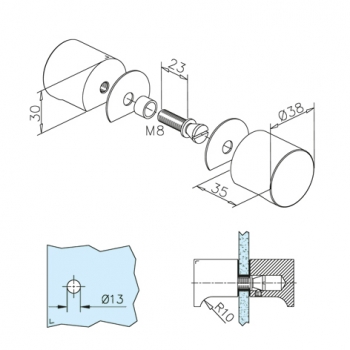Glastür-Knopf, zweiseitig - Modell 3